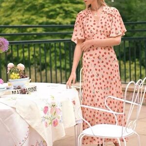 RIXO Peach Dress with Red and Green Floral Pattern